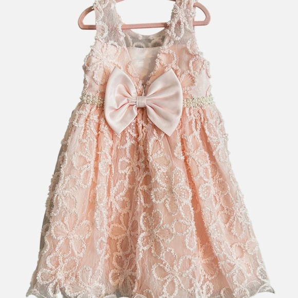 American Princess Pink Floral Pearl Rhinestone Waist Sleeveless Dress 4 Kids - Picture 2 of 14